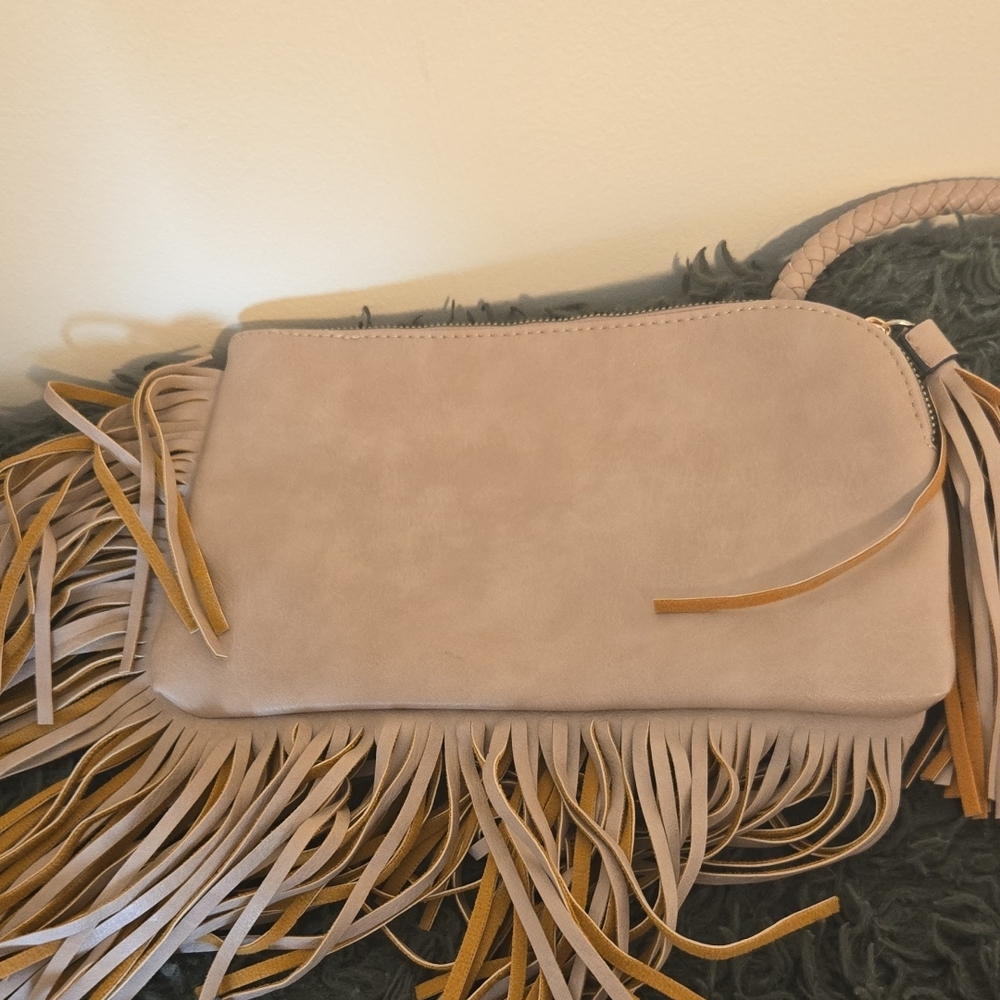 Fringe Suede Clutch Bag - Pink and Tan